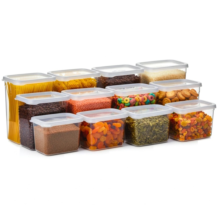 Комплект от 12 контейнера за съхранение на храна Salestore.ro®, херметически затворени пластмасови кутии без BPA, издръжливи, съвместими с фризер/микровълнова печка, 1.4/2.2/3.3 L, прозрачни