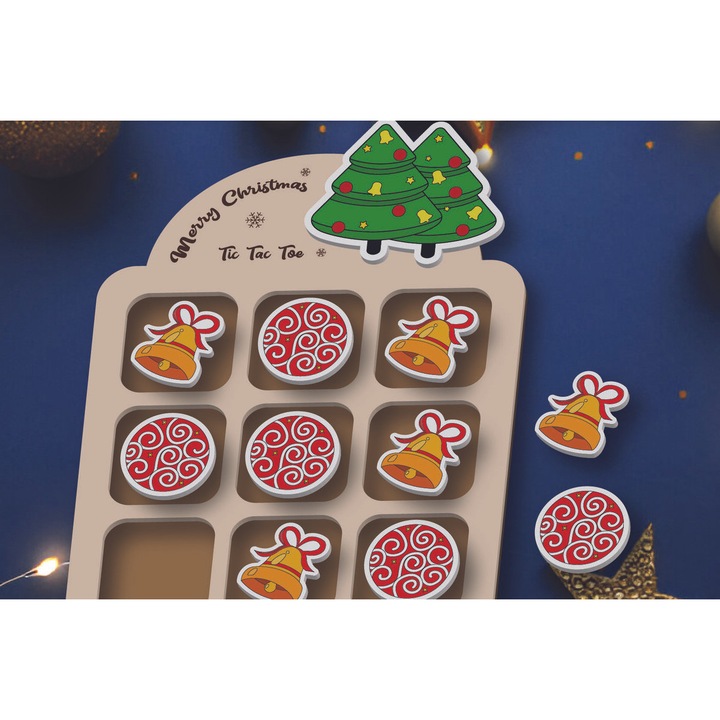 Joc de societate Tic Tac Toe din lemn, Intrahome, taiat cu laser, 15x15cm, 3mm-4mm, set pentru DIY
