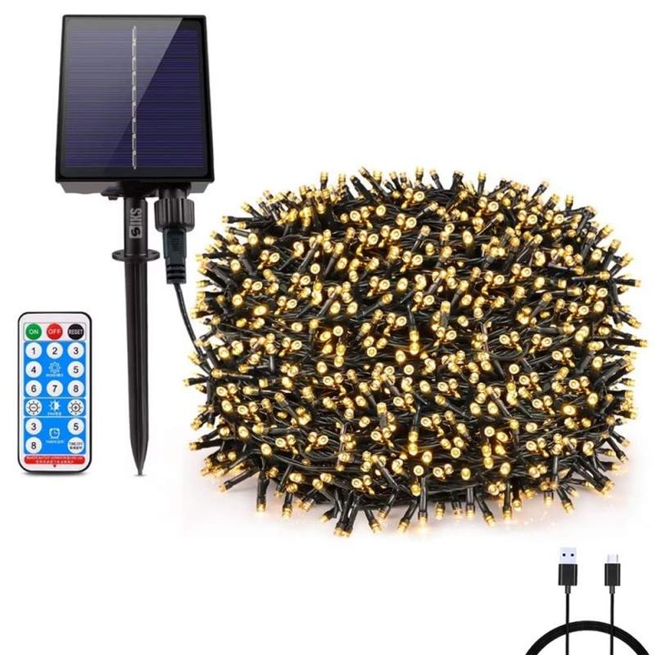Instalatie De Craciun Liniara Solara SIKS Cu Telecomanda Pentru Exterior / Interior, 50 m, 500 LED-uri, Cu 8 Jocuri De Lumini, Fir Verde Inchis, Panou Solar Dar Cu Posibilitate Alimentare Si USB, Alb Cald