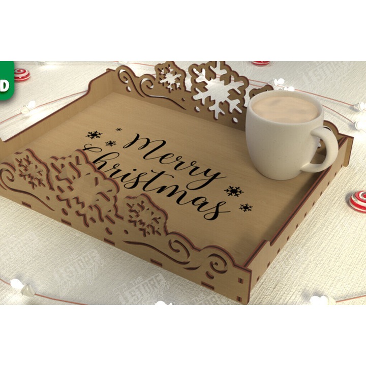 Tava de servire, Intrahome, disc de Craciun, 15x15cm, din plywood 3mm-4mm, ideal pentru decorare si proiecte DIY