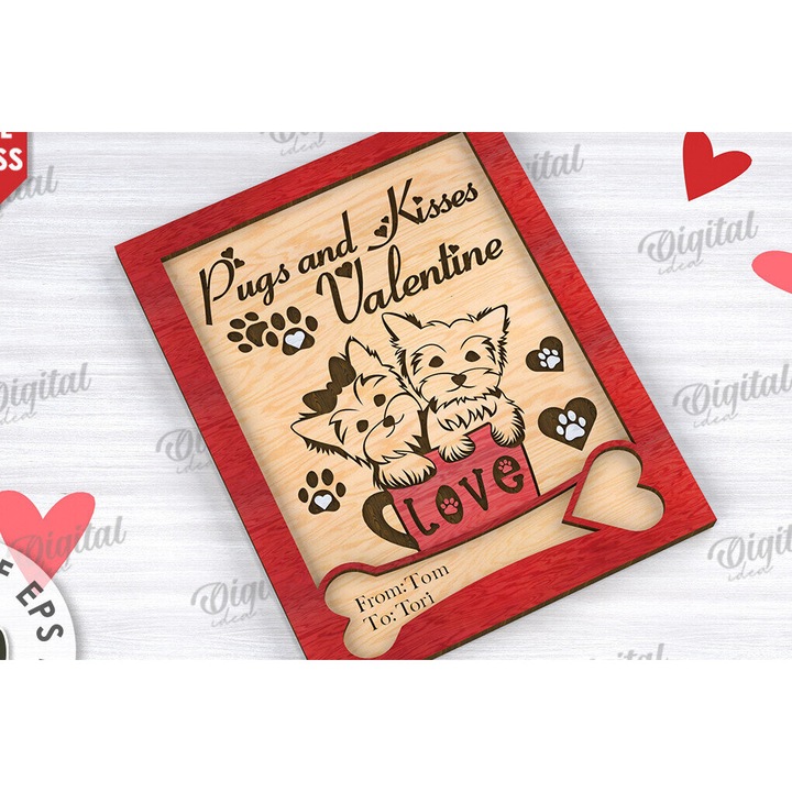 Felicitare din plywood 3mm-4mm, Intrahome, 20x20cm, pentru Ziua Indragostitilor, set de 2 bucati