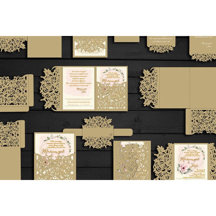 Invitatie nunta, Intrahome, plywood 3mm-4mm, 20x20cm, set cu triantafili