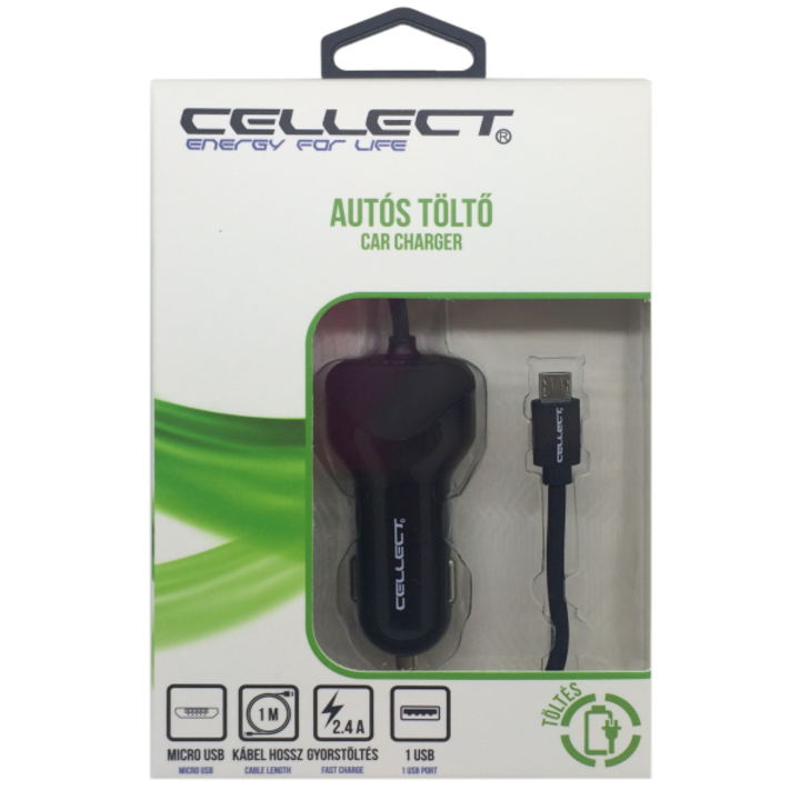 Cellect autós töltő micro USB kábellel és adapter funkció, Fekete