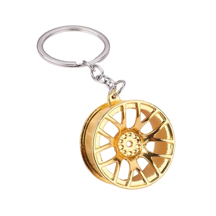 Breloc 3D, Model Janta si Anvelopa Auto, din Aliaj Metalic, Replica Tuning, Marime Mini, Culoare aur