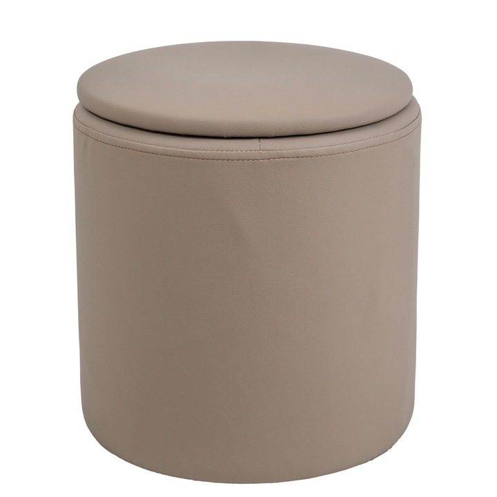 Taburet QMOBILI Nadia Taupe, cu depozitare, rotund, piele ecologica poly, tip cilindru