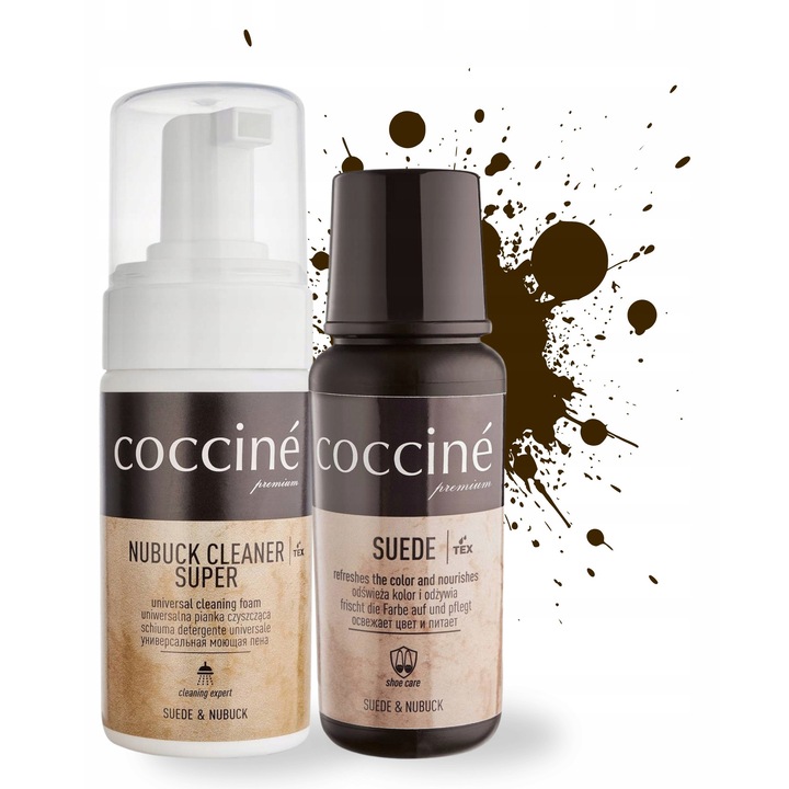 Set de ingrijire pentru piele intoarsa si nubuc, Coccine, renovator maro inchis 75ml + spuma de curatare 100ml, 2 in 1, reimprospateaza culoarea, protejeaza impotriva decolorarii, hraneste pielea, Multicolor, setul include: renovator maro inchis 75ml