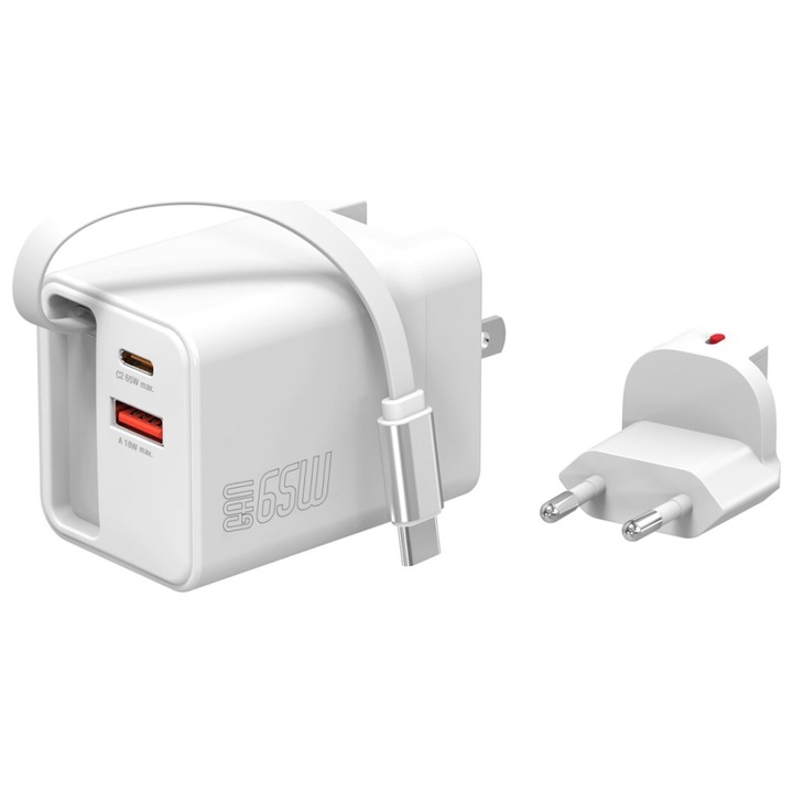 Încărcător Retea 4smarts Flex Jojo, 65W, 3A, 2x USB-C, 1x USB-A, Alb, 65x65x30mm