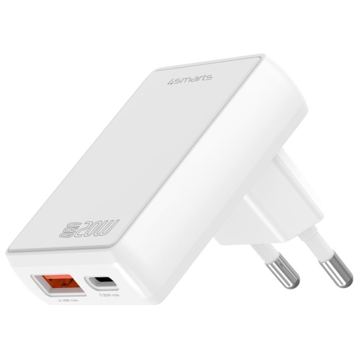 Fal töltő 4smarts FlatPlug Duos 20W GaN USB-C + USB-A fehér
