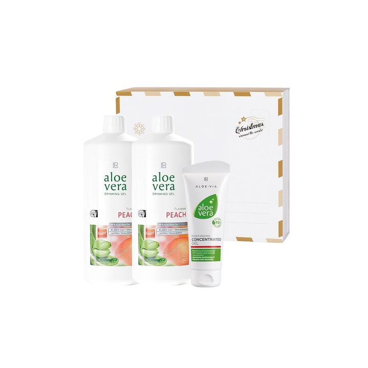 Set Aloe Vera Piersica, 2 x Aloe Vera Drinking Gel Piersica 1000 ml, Concentrat hidratant Aloe Vera 100 ml