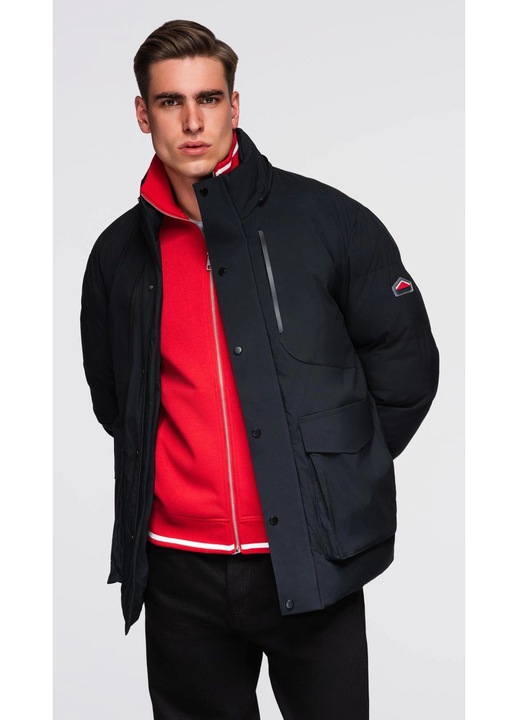 Geacă de iarnă cu glugă detașabilă din material impermeabil OMBRE OM-JAHP-0306, Negru