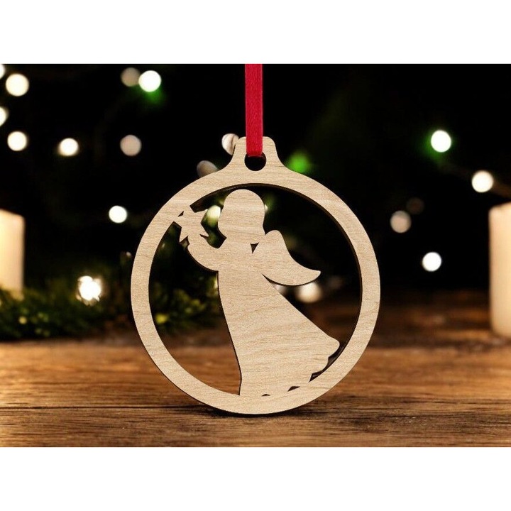 Ornament de Craciun din lemn, Intrahome, 10x10cm, glob ingeras cu stea