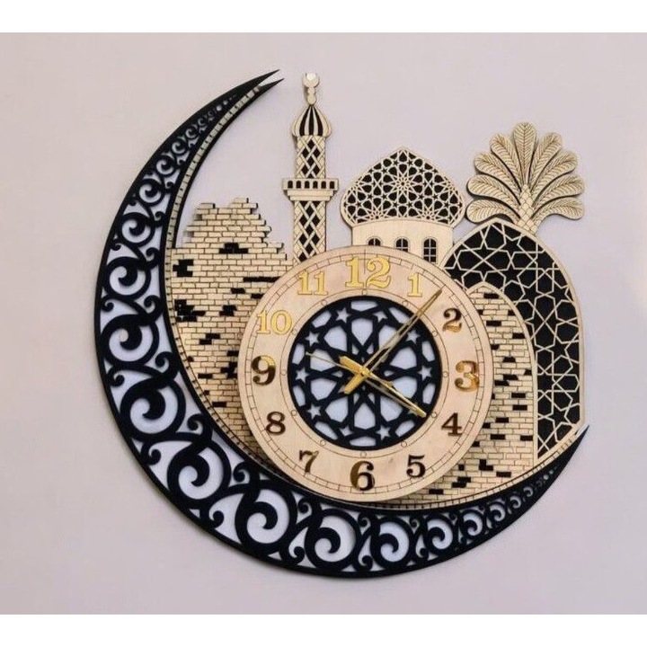 Ceas decorativ, Intrahome, rola de perete cu decoratiuni Ramadan, 25x25 cm, plywood 3mm-4mm