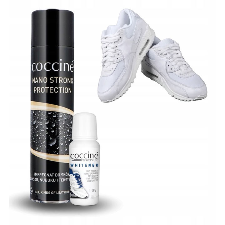 Kit de curatare a incaltamintei, Coccine, albitor pentru adidasi si impregnant nano puternic, 75 ml + 400 ml, inalbitor, impregnant, protectie eficienta impotriva murdariei, aplicare usoara, alb, setul include: corector si impregnant pentru incaltaminte
