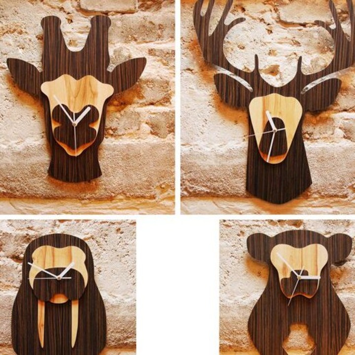 Ceas decorativ, Intrahome, capete de animale Safari, 15x15 cm, plywood 3mm-4mm, set