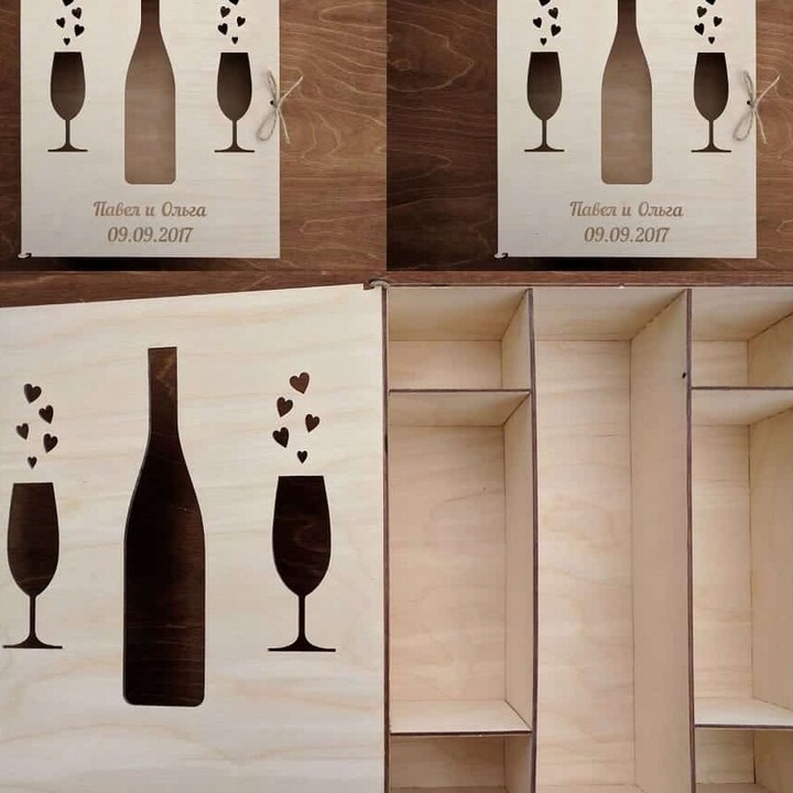 Cutie din plywood pentru sticle de vin si pahare 40x45 cm, Intrahome, 3mm-4mm, fabricata in Grecia