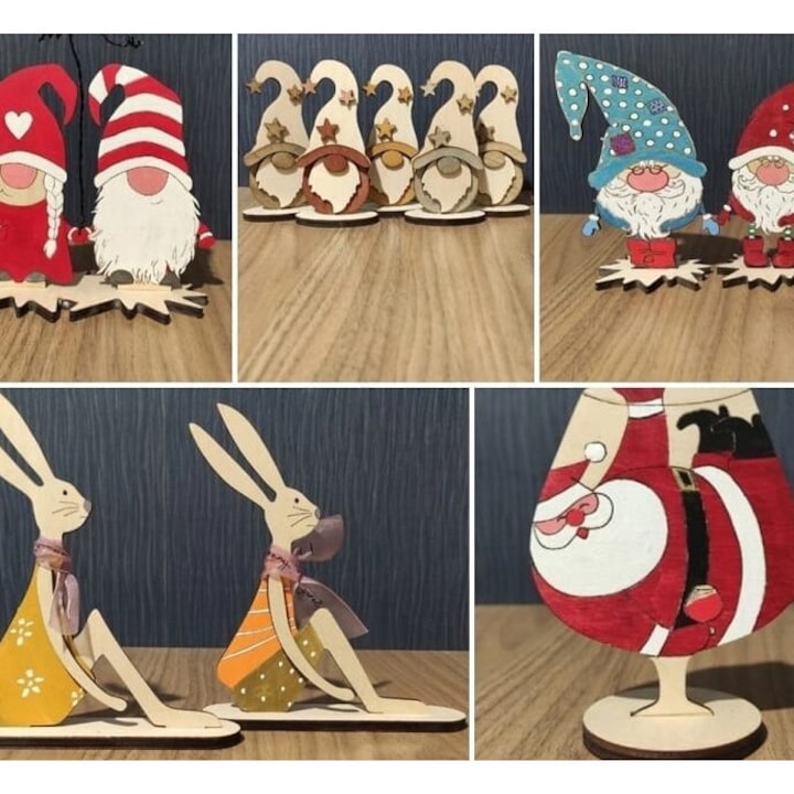 Set de accesorii decorative din plywood, Intrahome, Gnome si Iepure, 3mm-4mm, 15x15 cm