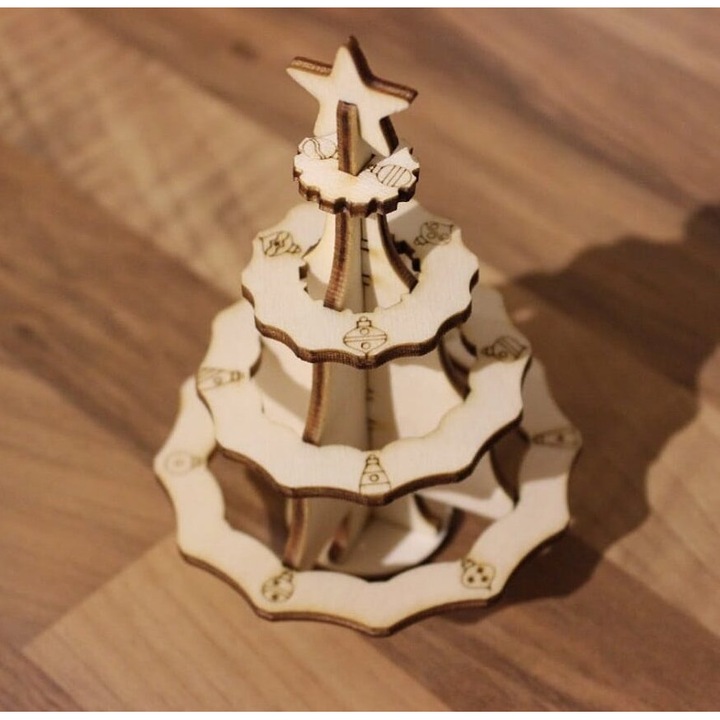 Decoratiune de Craciun Mini Pom de Craciun din Plywood 20x20 cm, Intrahome, 3mm-4mm, fabricat in Grecia