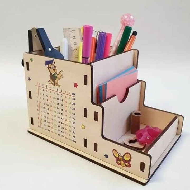 Suport articole birou, Intrahome, organizer din plywood 3mm-4mm, 40x40cm, natural