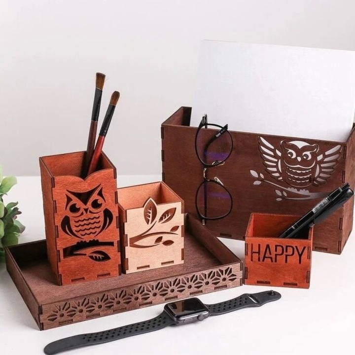 Set organizator birou, Intrahome, plywood 3mm-4mm, 25x30cm, natural