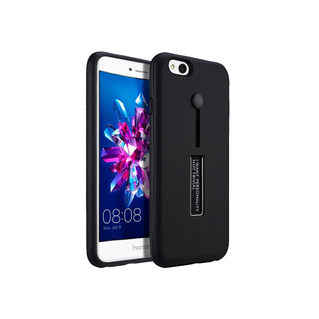 Husa hibrid cu picior stand metalic si inel de sustinere din silicon pentru Huawei P8 LITE 2017 / Honor 8 Lite / Nova Lite / Huawei P9 Lite 2017, negru