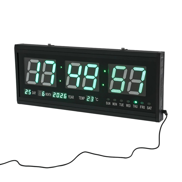 Ceas de perete LED digital, Ceas de perete mare, 48×19 cm, Data si temperatura, 220V alimentare, Silentios, Negru cu afisaj LED verde