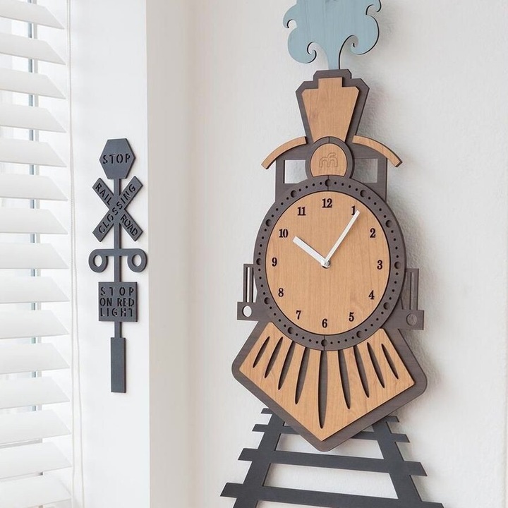 Ceas decorativ, Intrahome, roata de perete din plywood 3mm-4mm, 40x40 cm, pentru camera de copii