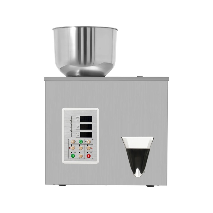 Masina automata de umplere si ambalare, dozator particule 1–50 g, 180 W, 220 V 50 Hz, ecran LCD, carcasa inox, stecher UE, argintiu
