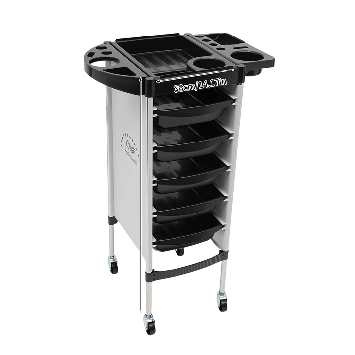 Fodrász gurulós szék, 6 szint, 5 fiók, fekete