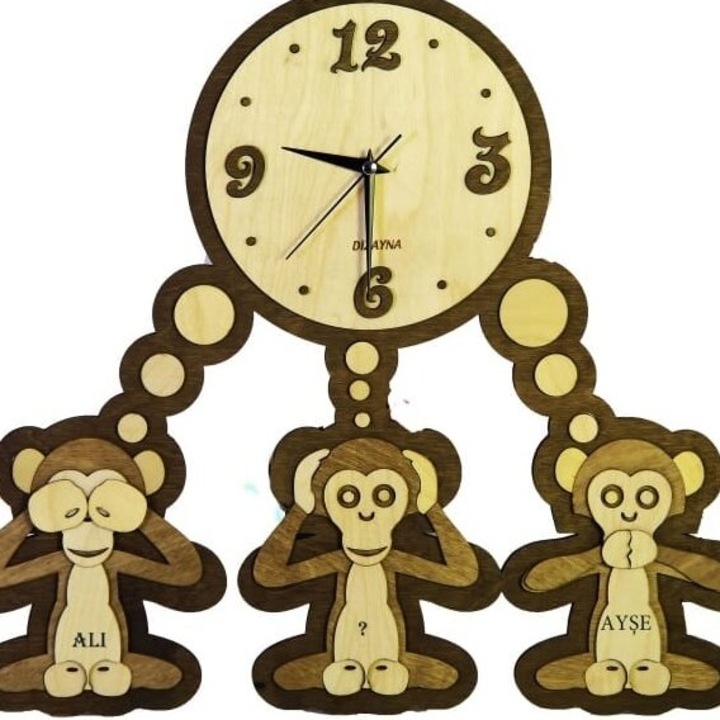Ceas decorativ, Intrahome, 15x15cm, 3mm-4mm, din plywood, cu trei maimute