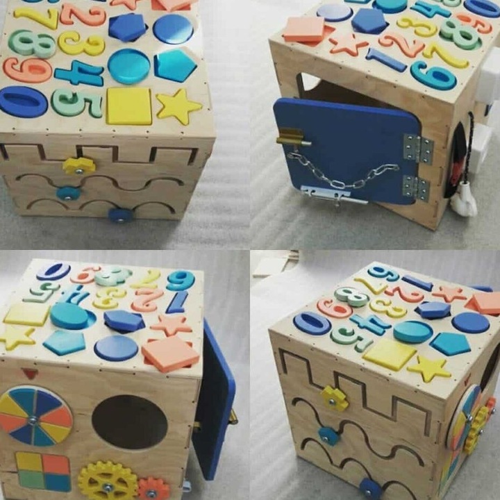 Cub Montessori Busy, Intrahome, 30x35 cm, din plywood 3mm-4mm, set