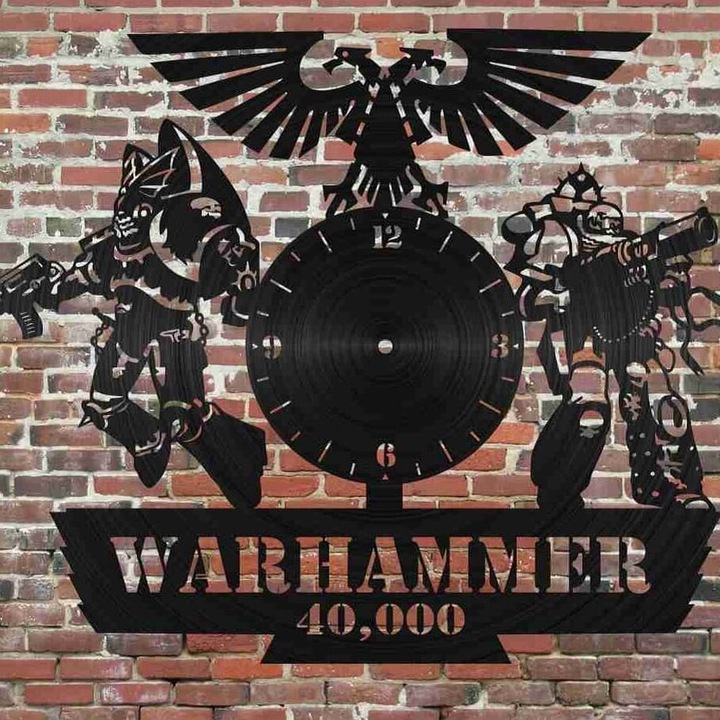 Ceas decorativ Intrahome, plywood 3mm-4mm, 25x30cm, Warhammer 40000, cu discuri din vinil