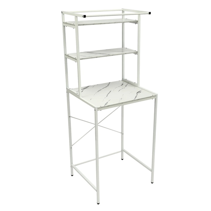 Raft de depozitare peste masina de spalat/WC, Etajera baie, 3 niveluri, Pe podea, Pentru masina de spalat/uscator, Marmura alba