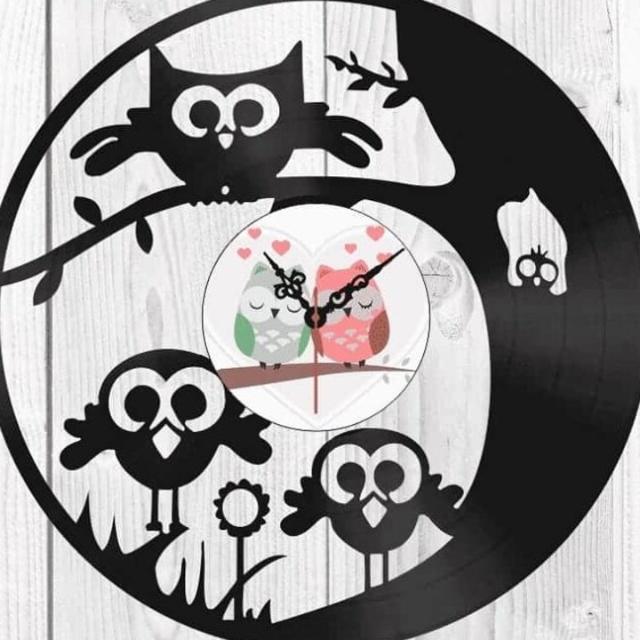 Ceas decorativ, Intrahome, disc din vinil cu bufnite, 40x40cm, plywood 3mm-4mm