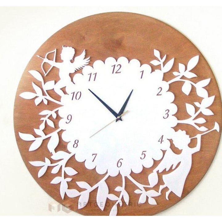Ceas decorativ, Intrahome, rola de plywood 3mm-4mm, model cu flori, 25x25 cm