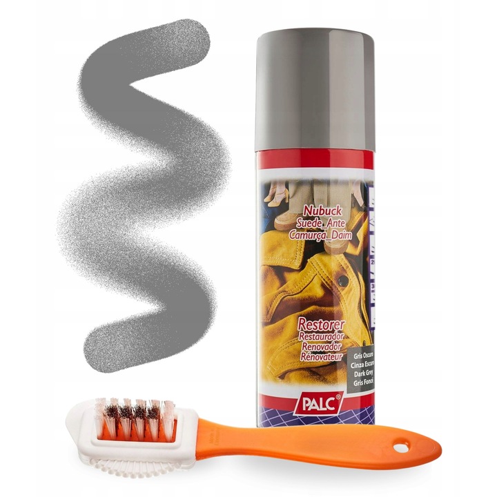 Kit de restaurare pentru piele intoarsa si nubuc, spray pentru deget gri inchis 200 ml, perie cu doua fete, impregnare, reimprospatare a culorii, protectie impotriva umiditatii, aplicare convenabila, forma ergonomica, curatare eficienta, sigur pentru