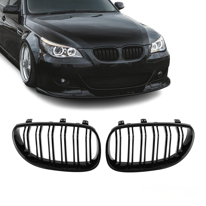 Grile duble pentru BMW Seria 5 E60 E61 2003-2010, Negru Lucios