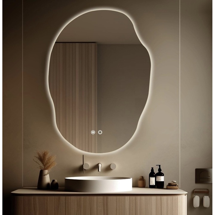 Oglinda baie LED, 3 tipuri lumina, 70cm x 90cm, Montare vertical sau orizontal, Functie dezaburire, Buton touch, Reglare intensitate lumina