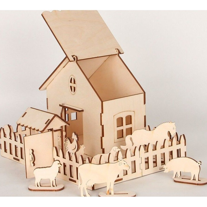 Set de jocuri din lemn pentru copii, Intrahome, Ferma, 3mm-4mm, 25x30 cm