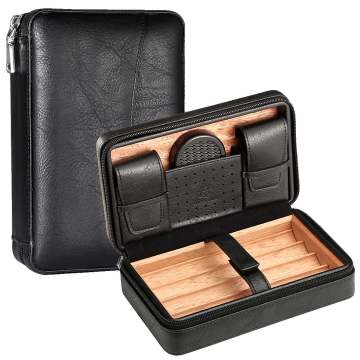 Umidificator pentru tigari, design compact, capacitate 4 tigari, lemn de cedru, negru