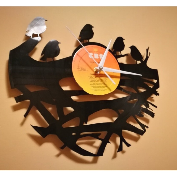 Ceas decorativ, Intrahome, Orologio Vinile, 30x30 cm, din plywood 3mm-4mm, design cu pasari pe ramura