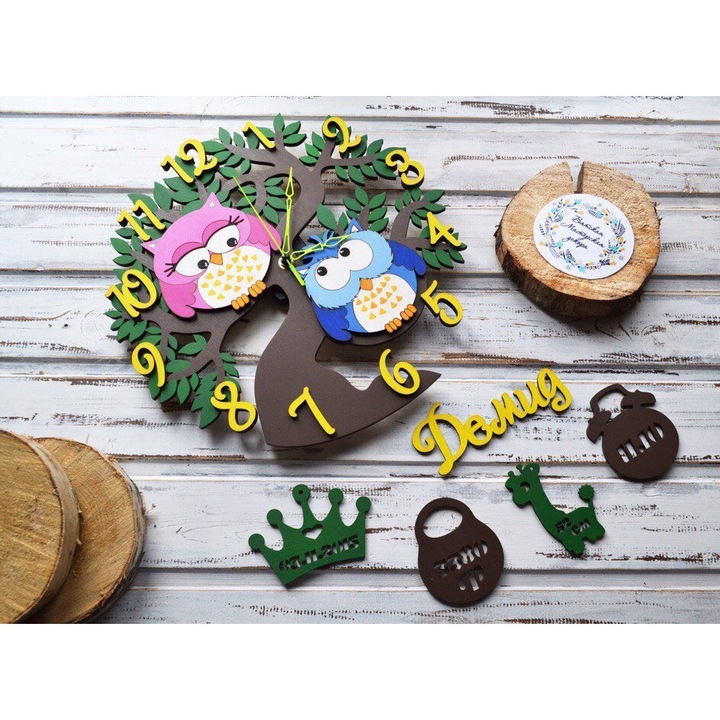 Ceas decorativ, Intrahome, plywood 3mm-4mm, 20x20cm, pentru camera copii