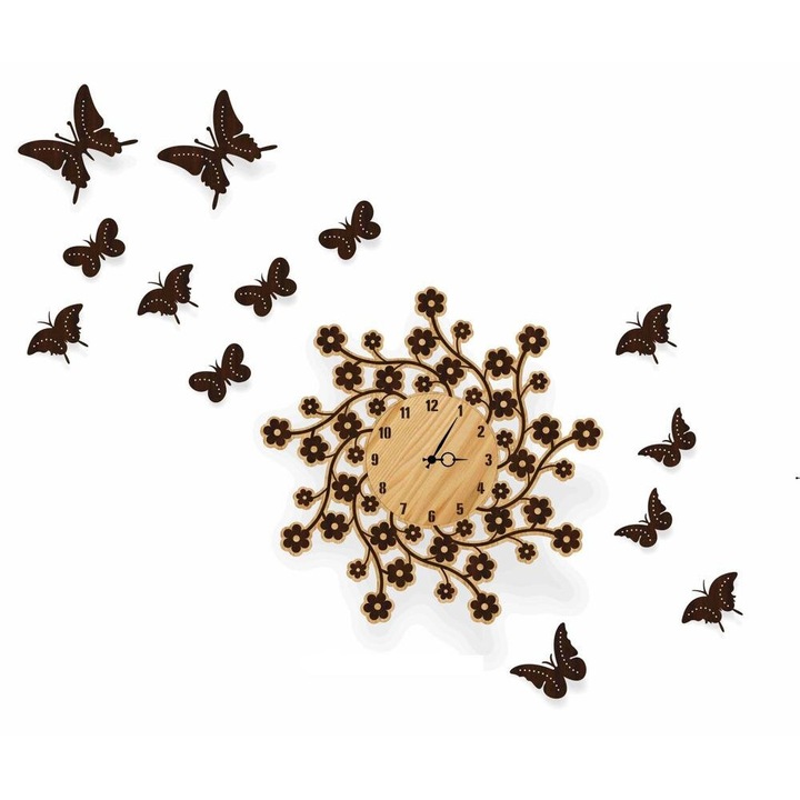 Ceas decorativ, Intrahome, rola perete cu flori, 30x30 cm, plywood 3mm-4mm