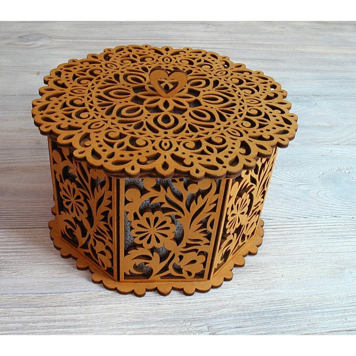 Cos decorativ octogonal cu capac, Intrahome, plywood 3mm-4mm, dimensiune 30x30cm, fabricat in Grecia