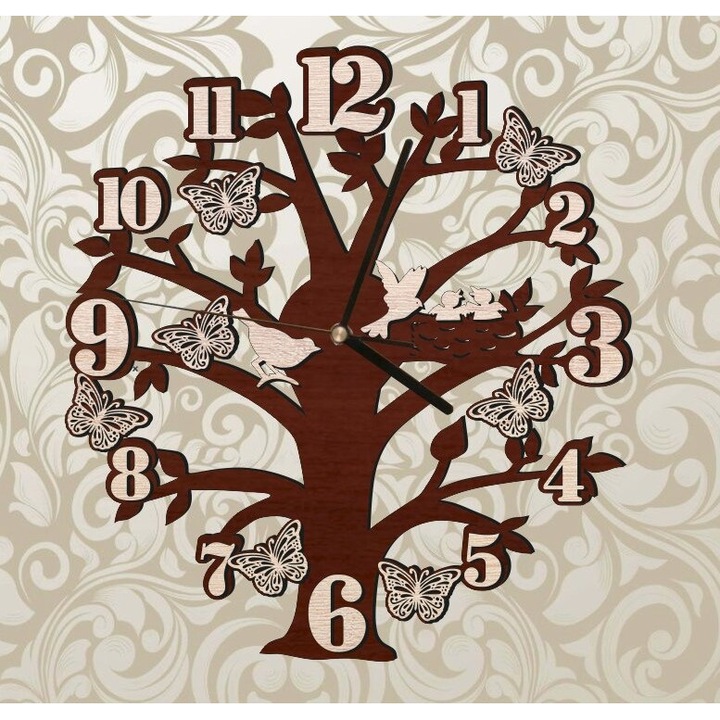 Ceas decorativ, Intrahome, plywood 3mm-4mm, 20x20cm, cu flori si frunze