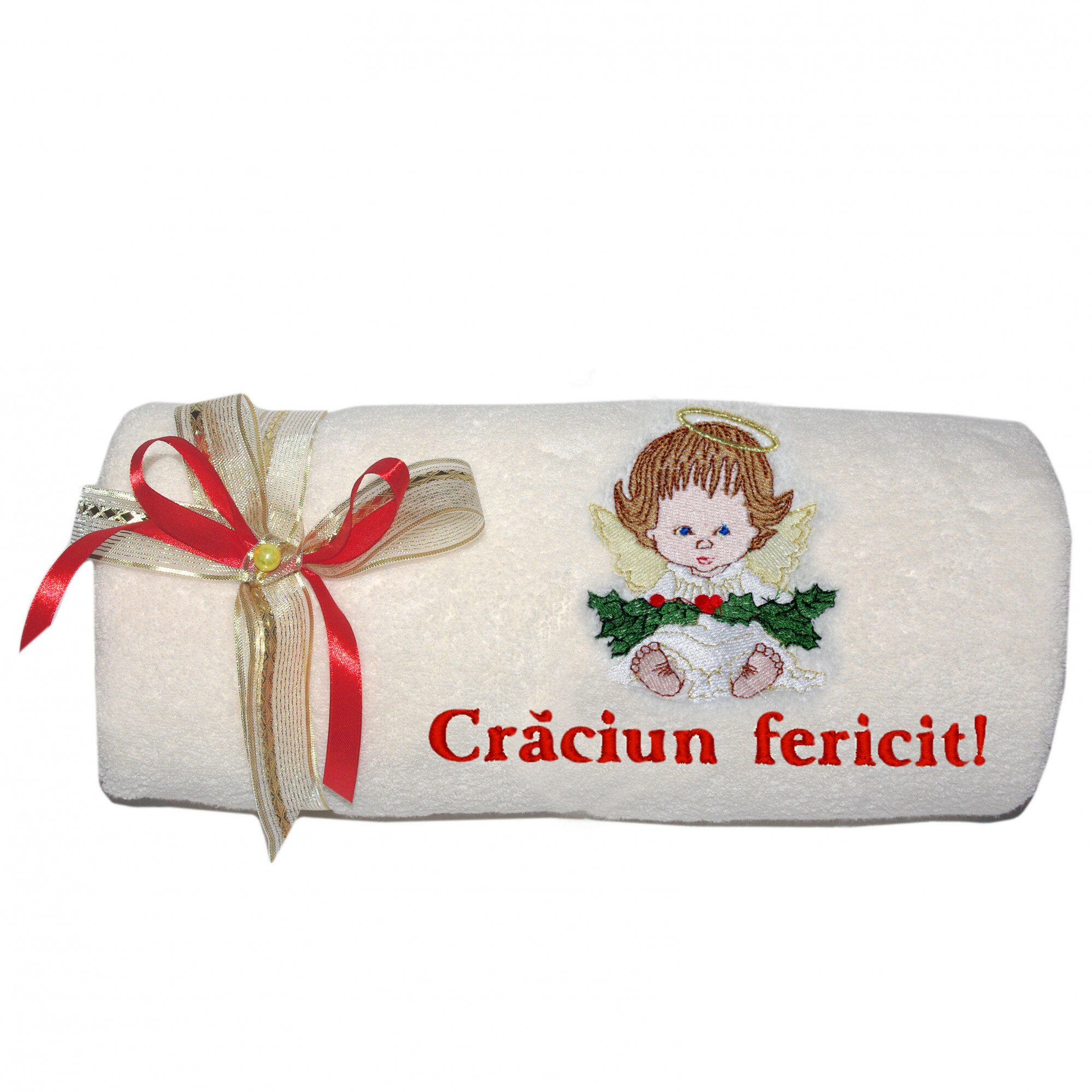 Prosop brodat Craciun fericit - cu ingeras - 70x140 cm