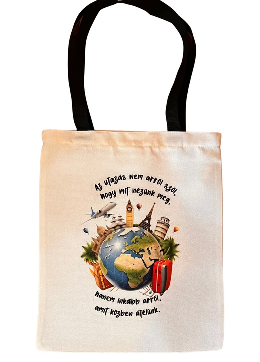 Vászon táska cipzárral, fekete fogantyúval, utazások