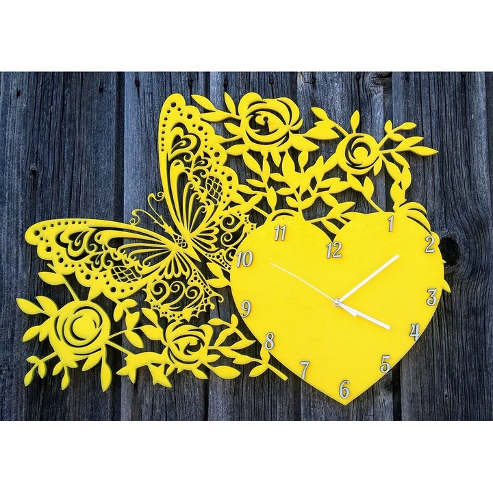 Ceas decorativ, Intrahome, roata de perete cu inima si flori, 30x30 cm, plywood 3mm-4mm