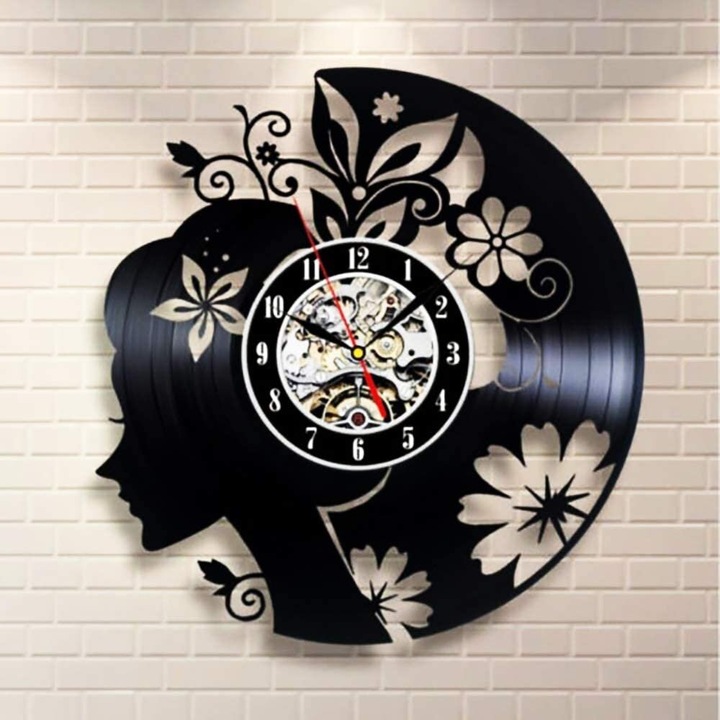 Ceas decorativ Intrahome, rola de perete cu discuri din vinil, model Fete Flori, 30x30 cm