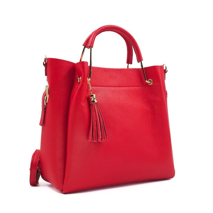 Poseta Piele Fagaras Bryna, Geanta Casual cu Franjuri, Rosu, 40x33cm