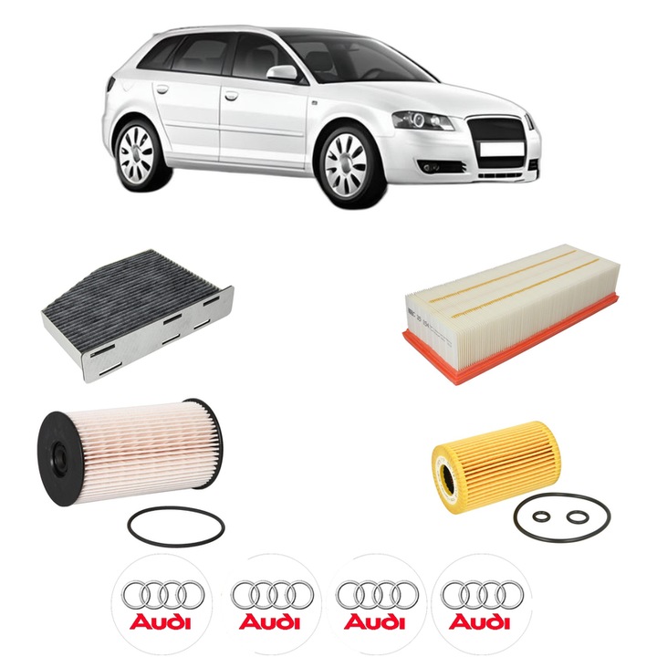 Pachet revizie AUDI A3 Sportback (8PA) 1.6 TDI din 2009-2013, Contine filtru aer, ulei, combustibil, polen habitaclu carbon MANN, 4x Stickere cu AUDI